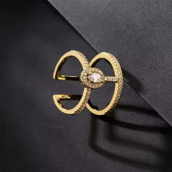 Gold Double Band Ring with Clear Oval Stone - Picture 3 of 4